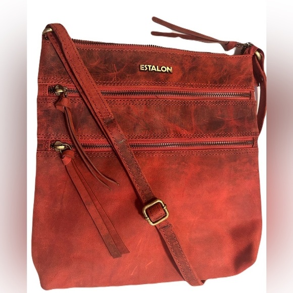 Red Estalon Genuine Leather Crossbody Purse - Picture 1 of 13